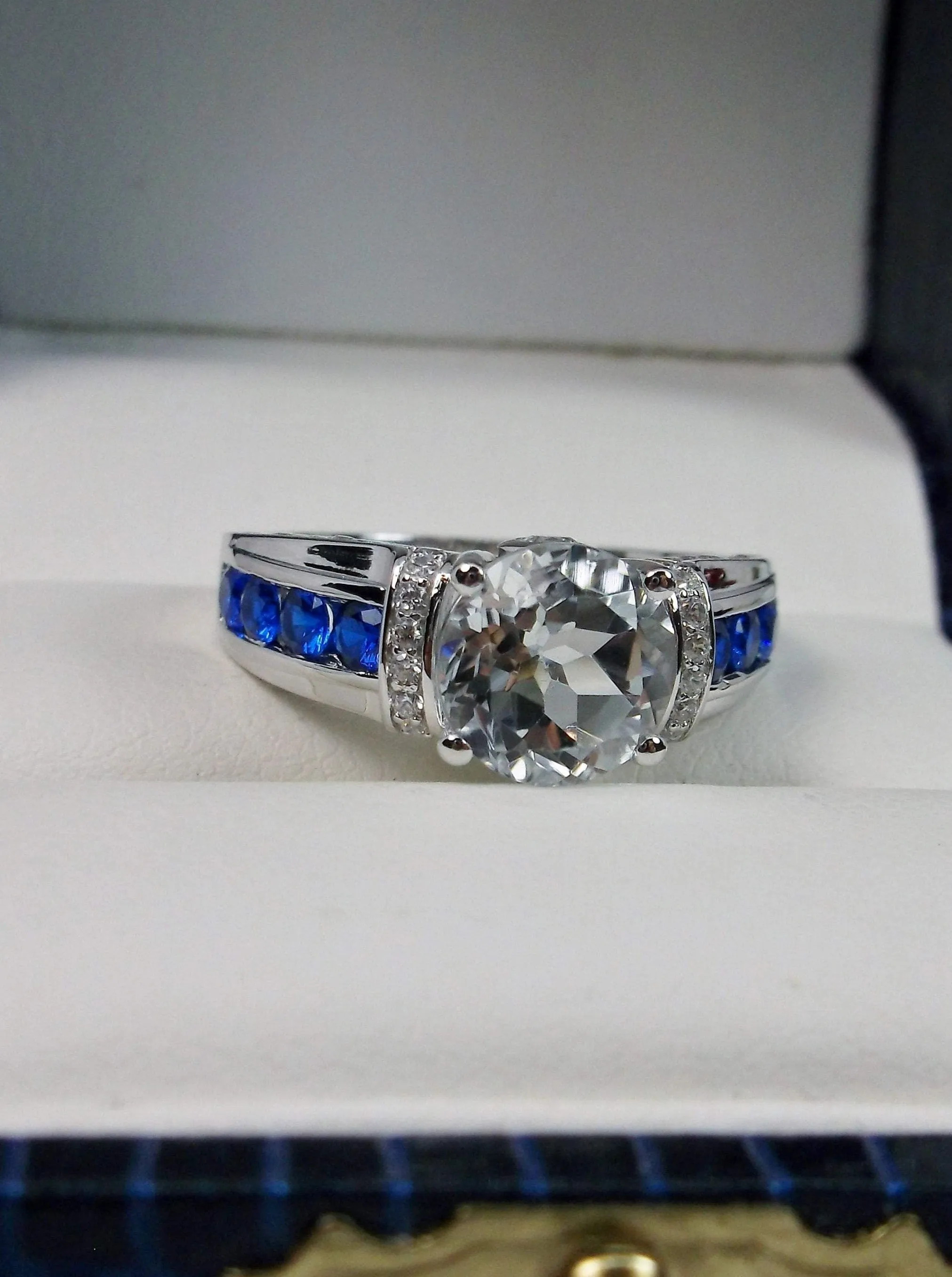 Topaz Ring, Natural White Topaz & Blue Sapphire Accents , Art Deco Jewelry #D220