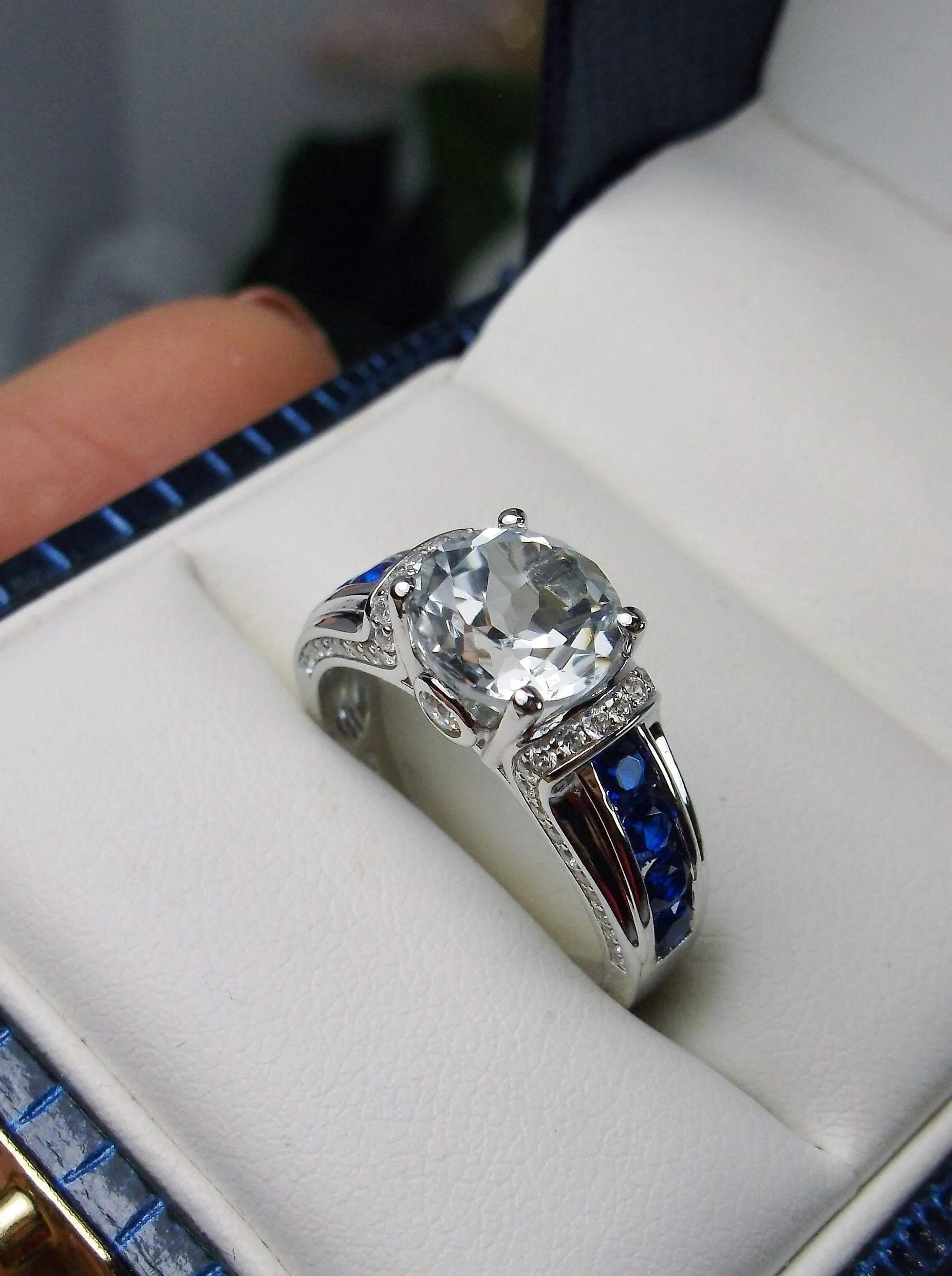 Topaz Ring, Natural White Topaz & Blue Sapphire Accents , Art Deco Jewelry #D220