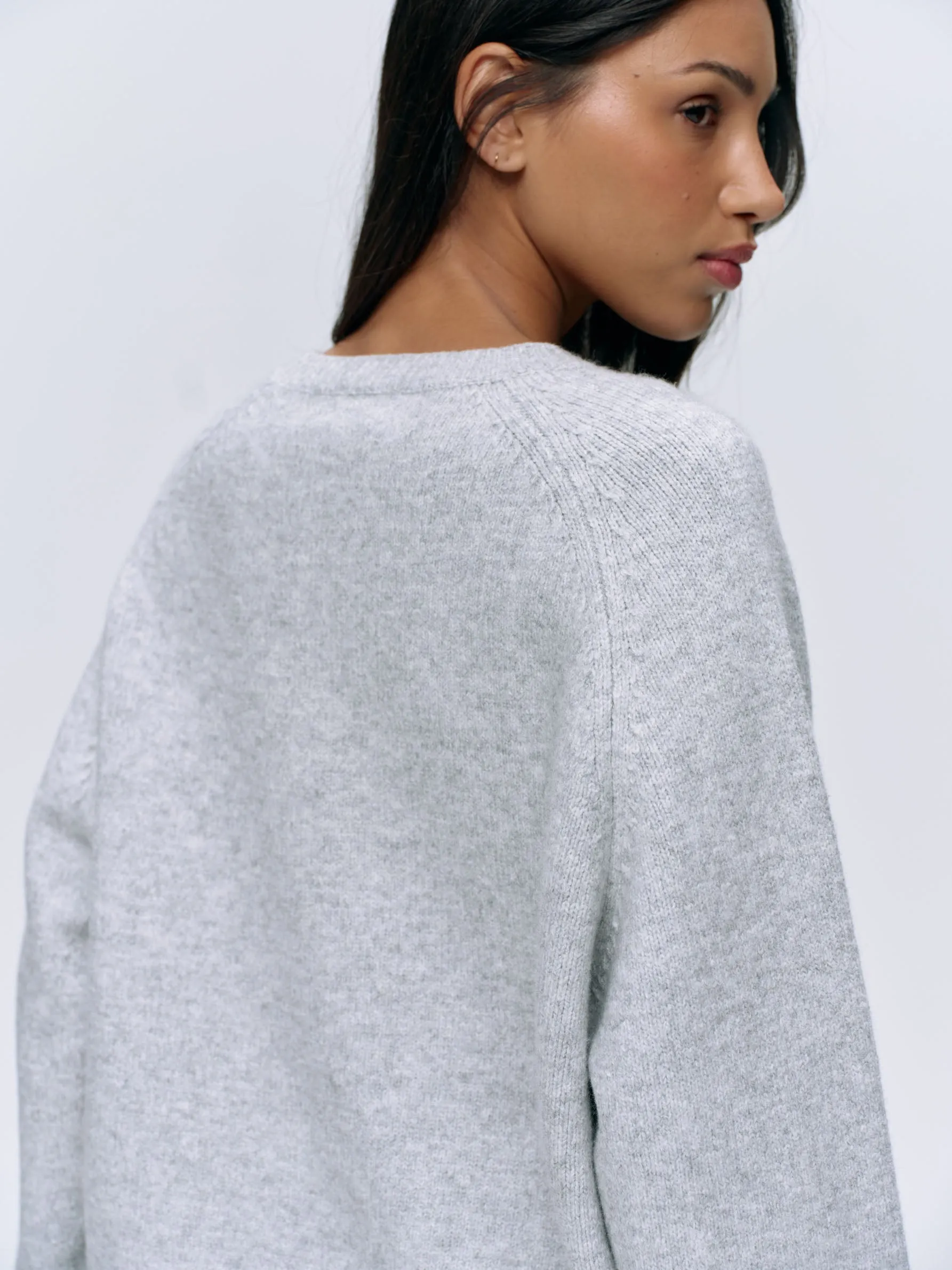 Varsity Oversized Knit Sweatshirt - Light Grey Melange/Navy Blue
