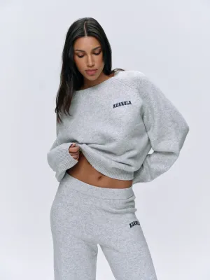 Varsity Oversized Knit Sweatshirt - Light Grey Melange/Navy Blue