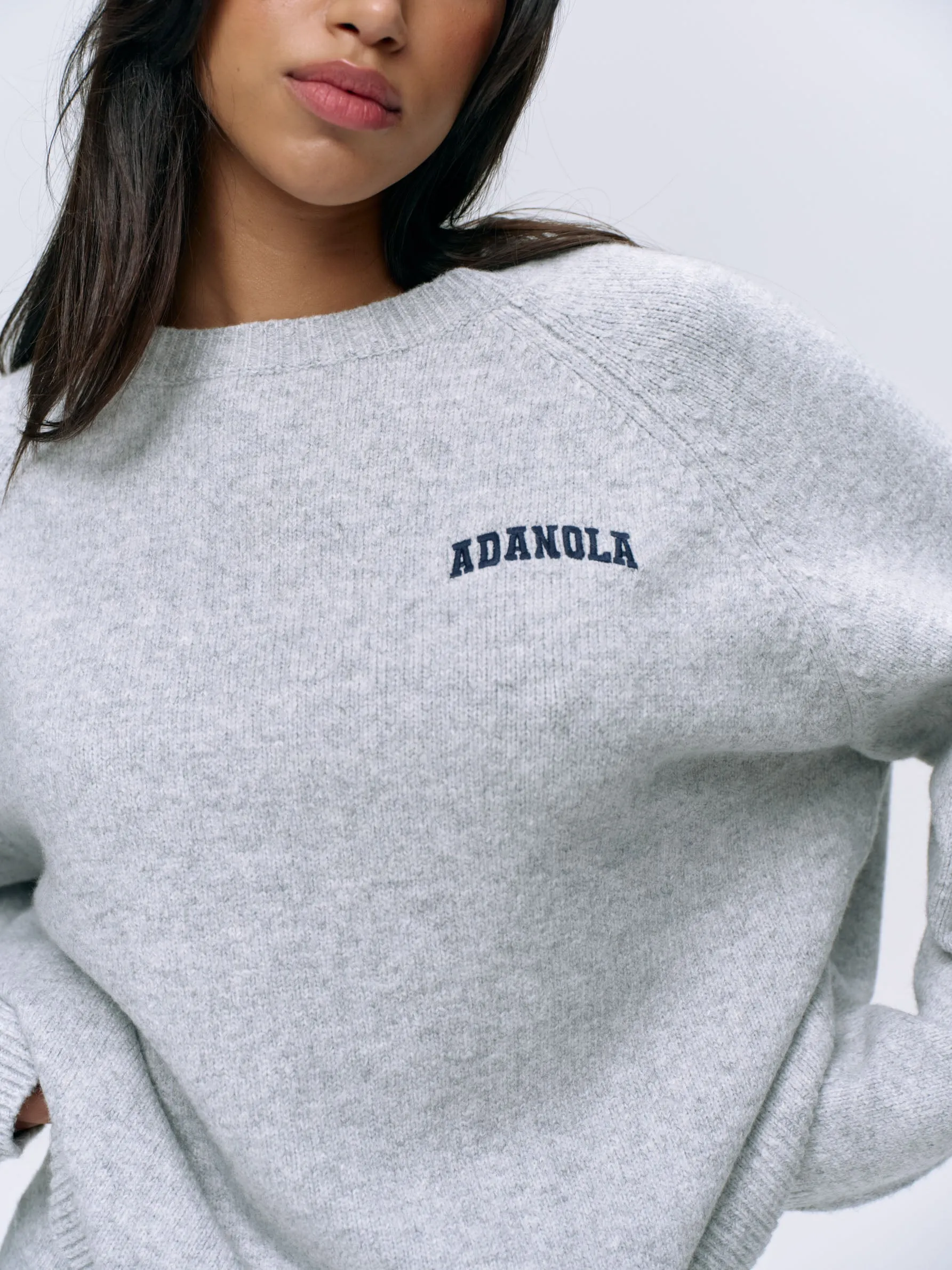 Varsity Oversized Knit Sweatshirt - Light Grey Melange/Navy Blue