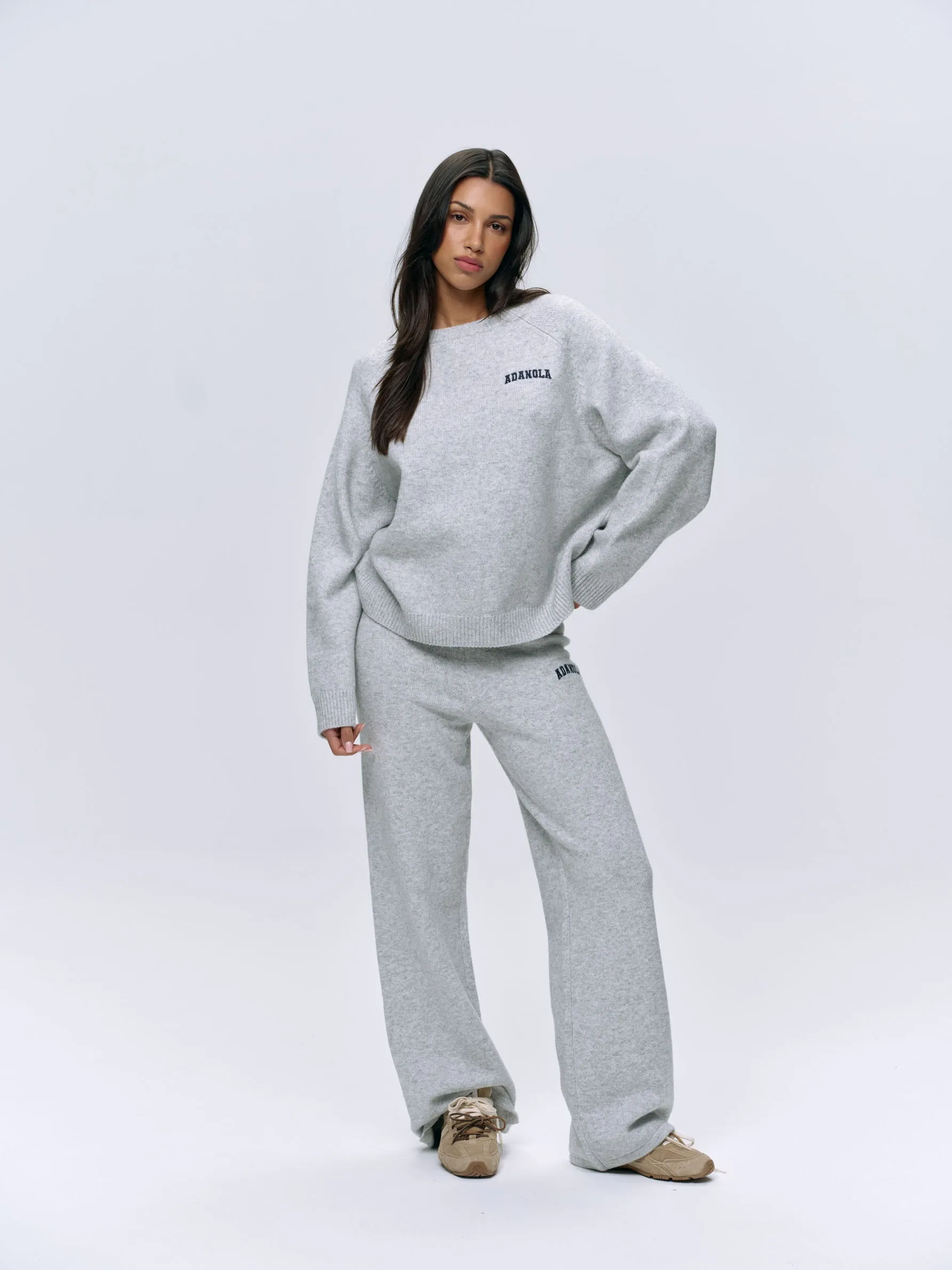 Varsity Oversized Knit Sweatshirt - Light Grey Melange/Navy Blue