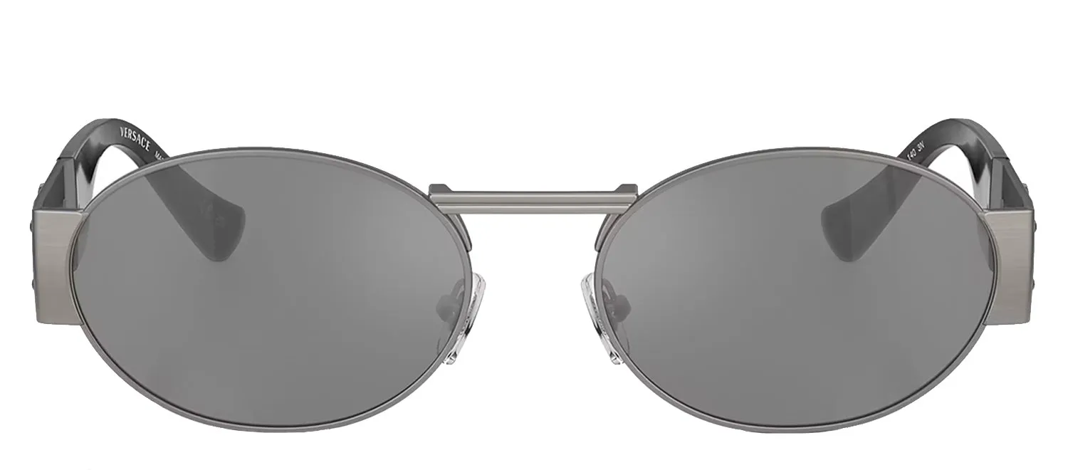 Versace ICONIC VE 2264 10016G Oval Metal Gunmetal Sunglasses with Silver Mirror Lens