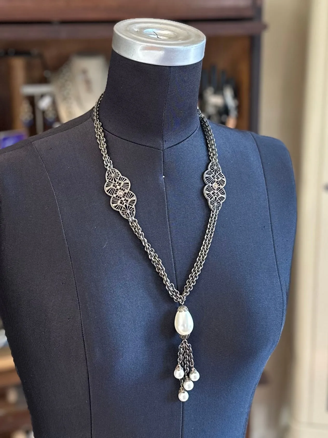 Vintage 1930s Art Deco Brass Filigree Panel Baroque Teardrop Faux Pearl Pendant Necklace 23.75”