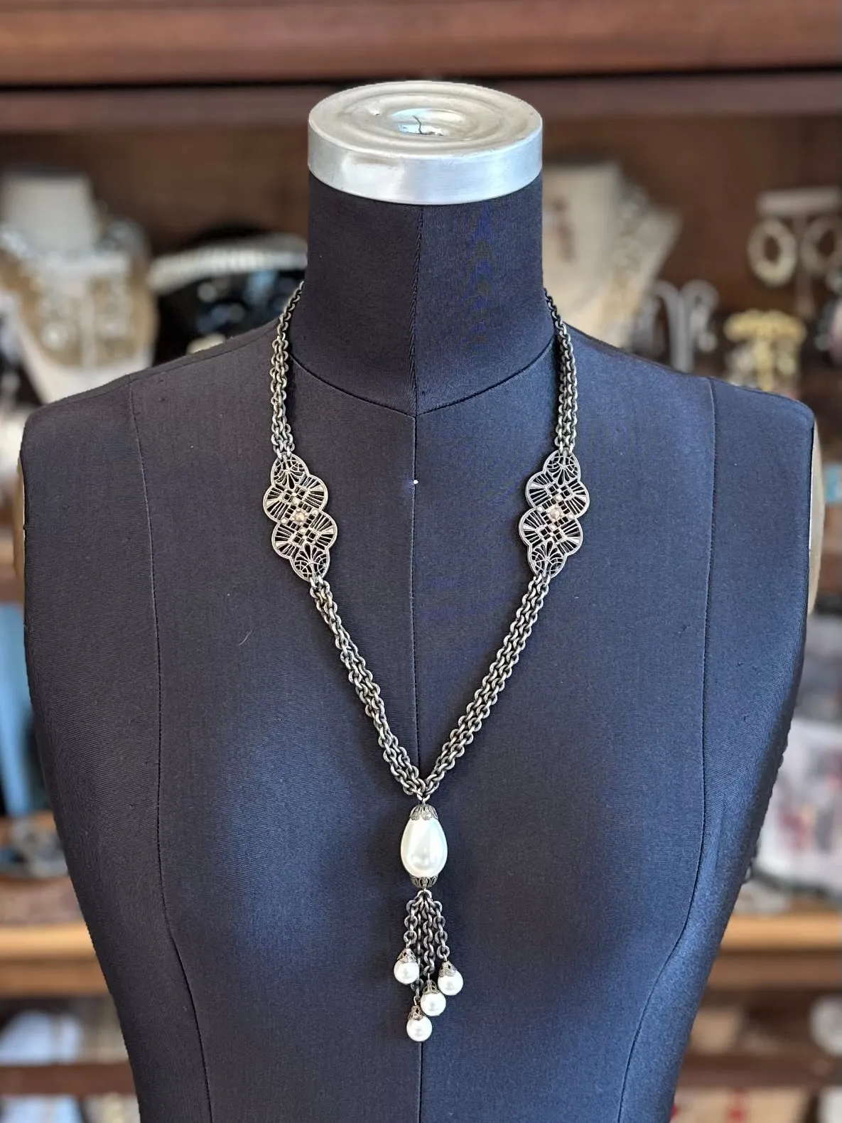 Vintage 1930s Art Deco Brass Filigree Panel Baroque Teardrop Faux Pearl Pendant Necklace 23.75”