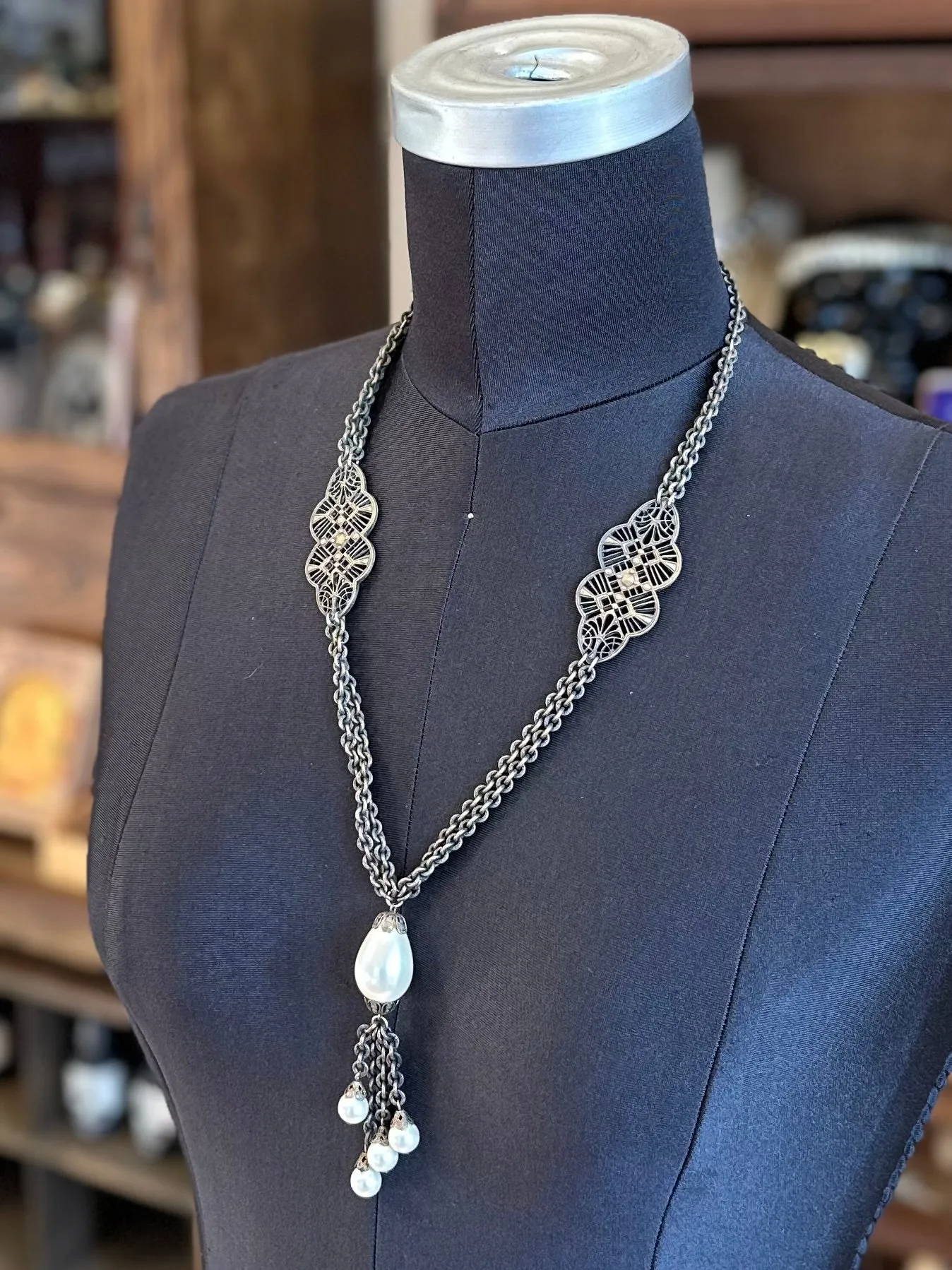 Vintage 1930s Art Deco Brass Filigree Panel Baroque Teardrop Faux Pearl Pendant Necklace 23.75”