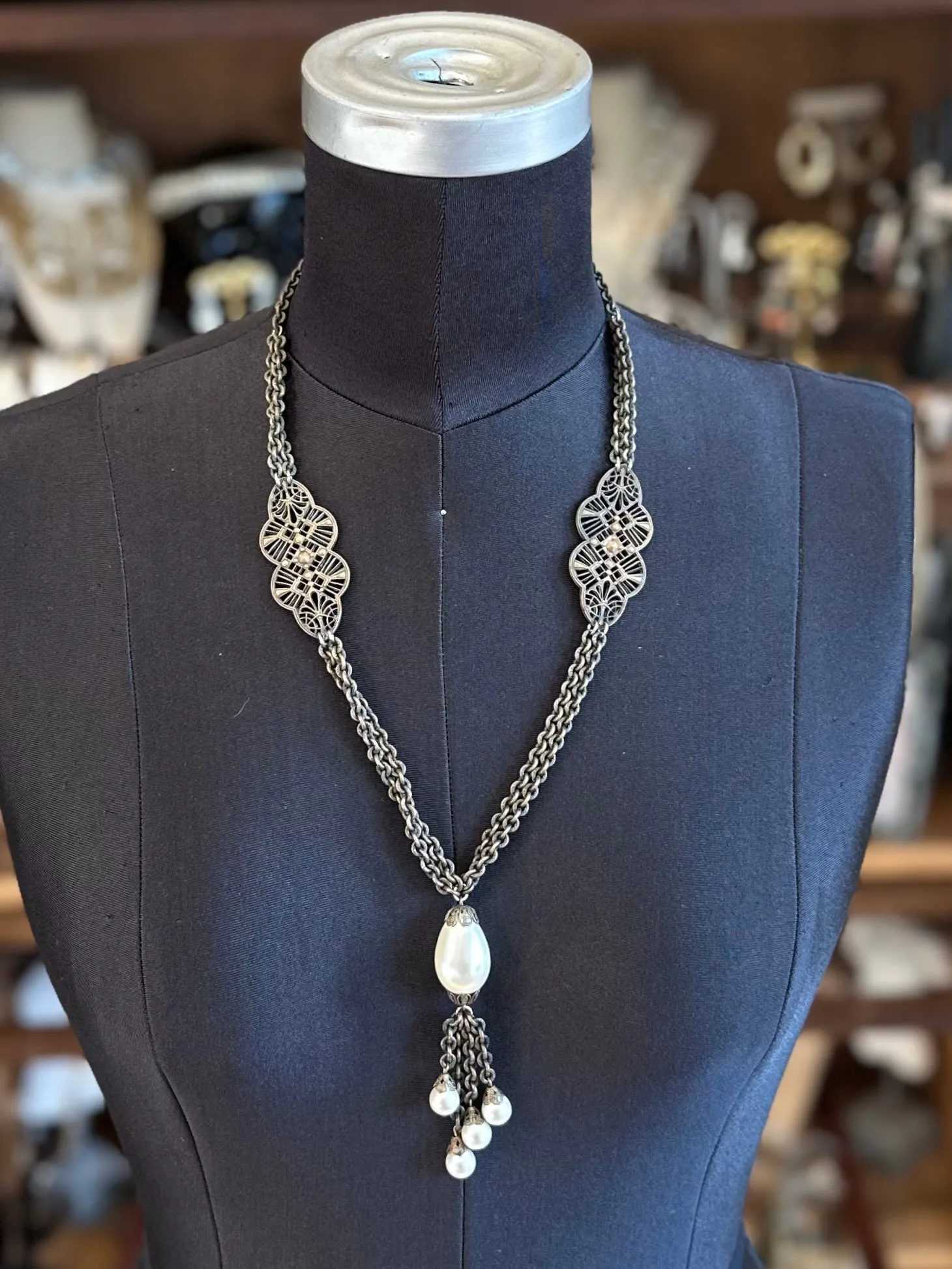 Vintage 1930s Art Deco Brass Filigree Panel Baroque Teardrop Faux Pearl Pendant Necklace 23.75”