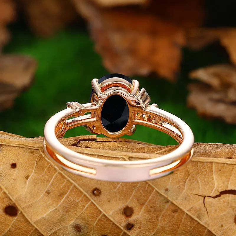 Vintage 2CT Oval Shaped Split Shank Natural Black Onyx Rose Gold Engagement Ring