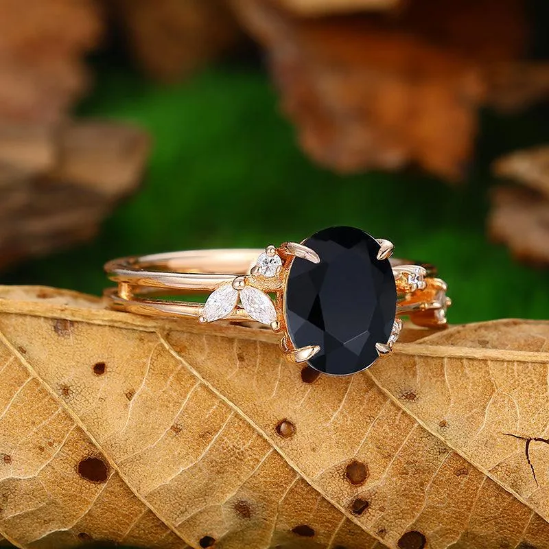 Vintage 2CT Oval Shaped Split Shank Natural Black Onyx Rose Gold Engagement Ring