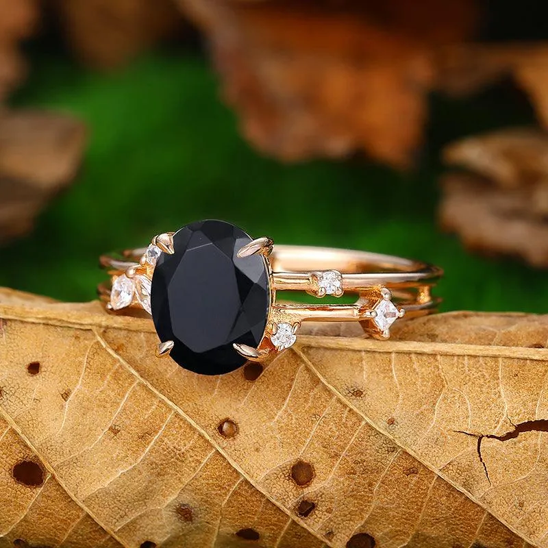 Vintage 2CT Oval Shaped Split Shank Natural Black Onyx Rose Gold Engagement Ring