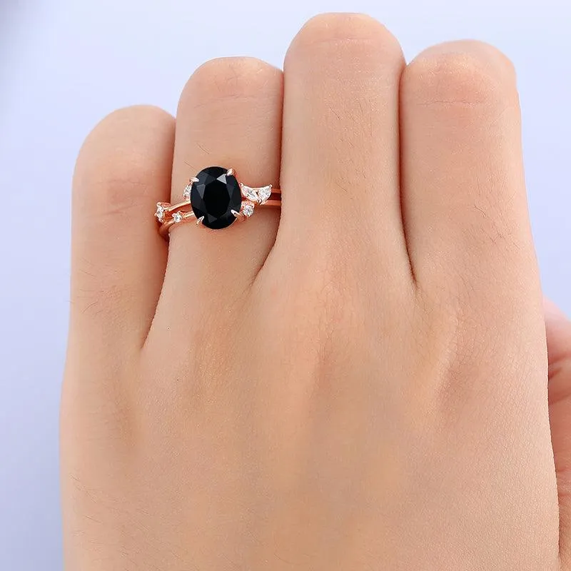 Vintage 2CT Oval Shaped Split Shank Natural Black Onyx Rose Gold Engagement Ring