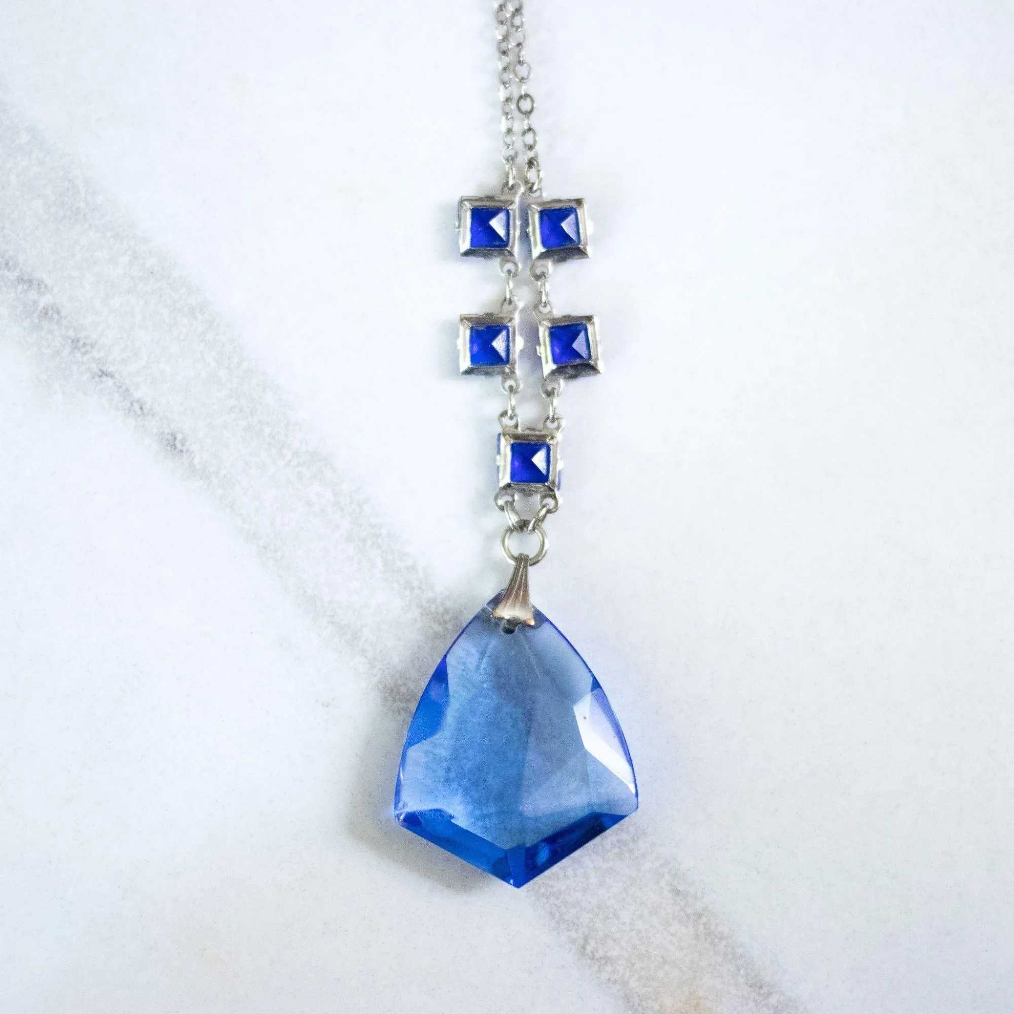 Vintage Art Deco Blue Crystal Lavalier Necklace
