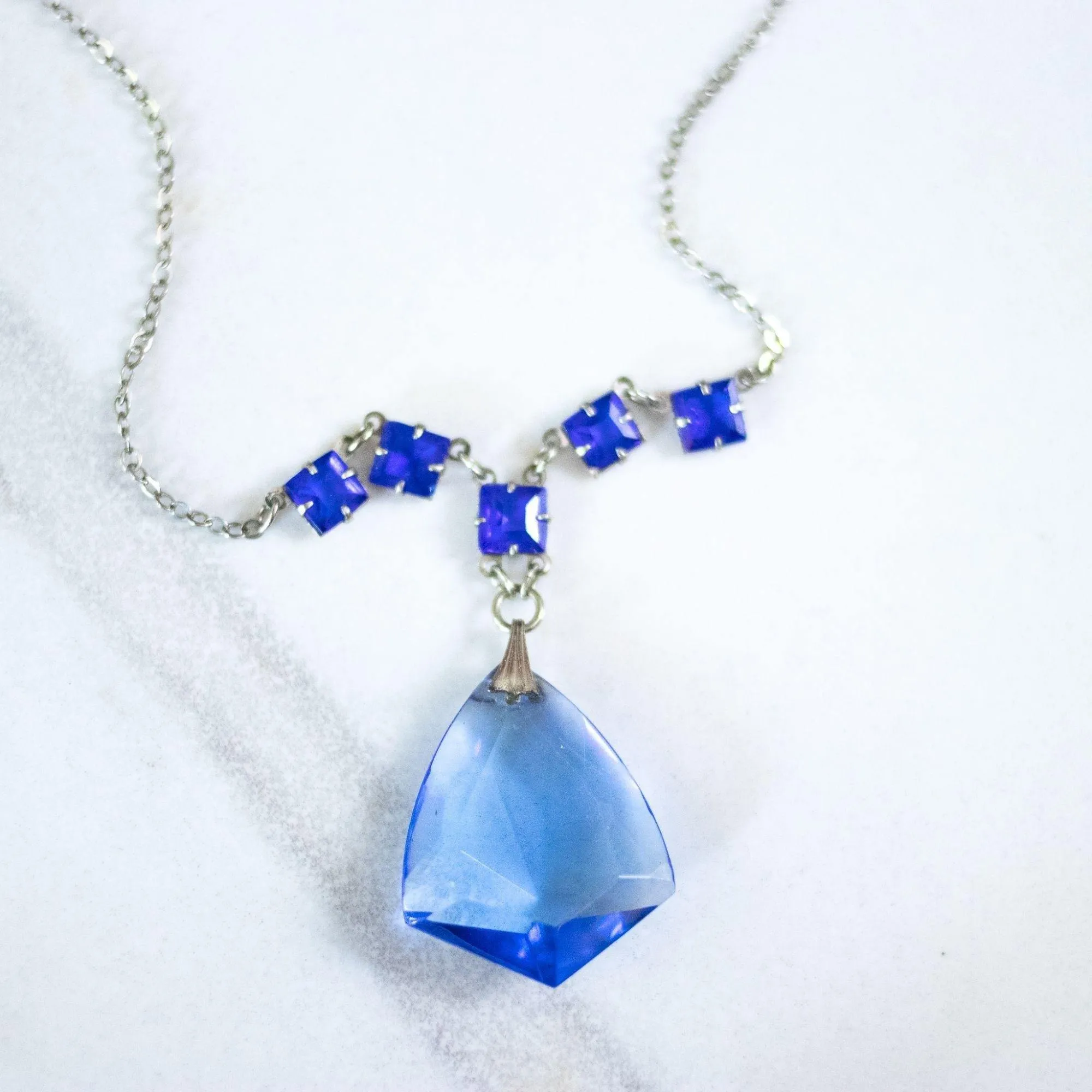 Vintage Art Deco Blue Crystal Lavalier Necklace