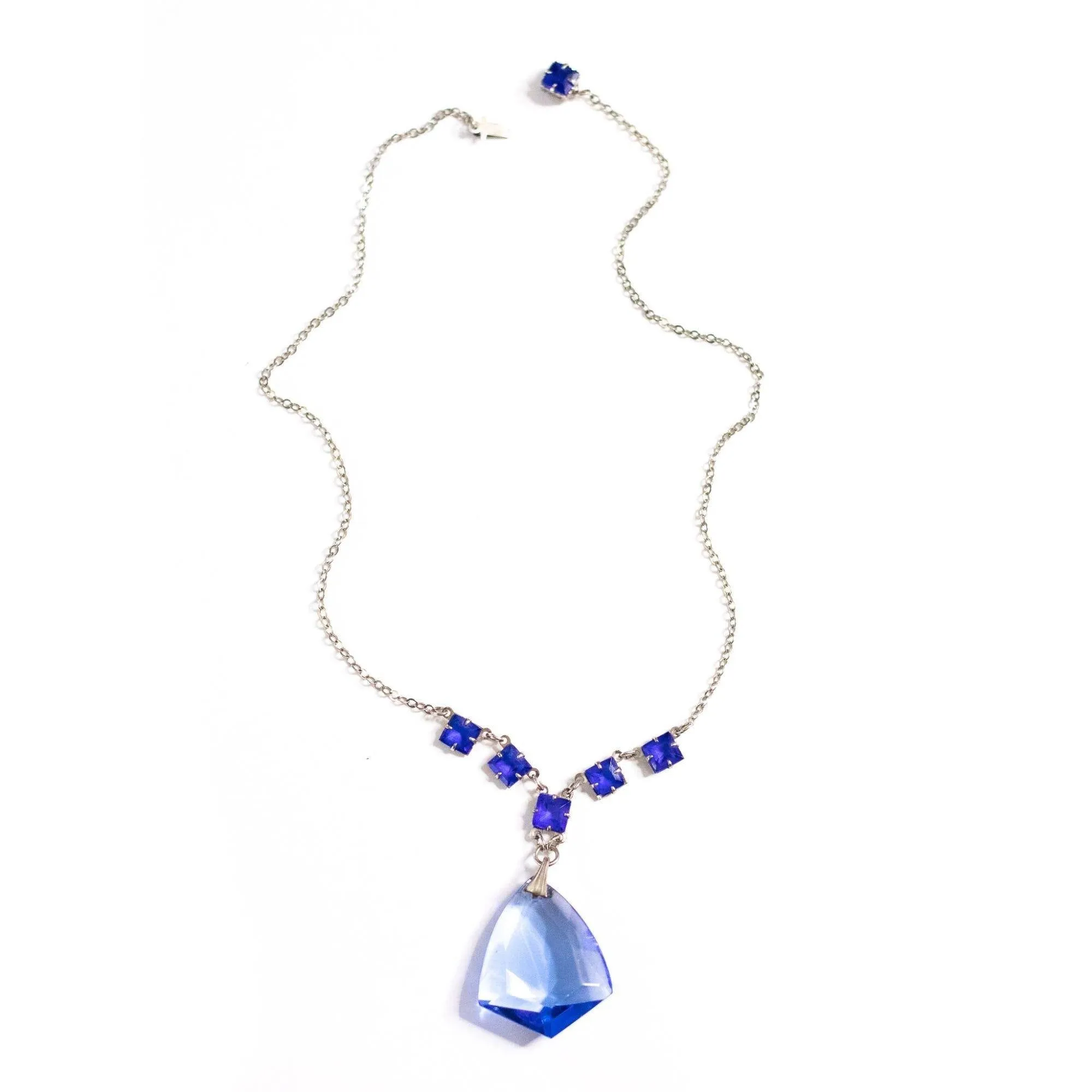 Vintage Art Deco Blue Crystal Lavalier Necklace