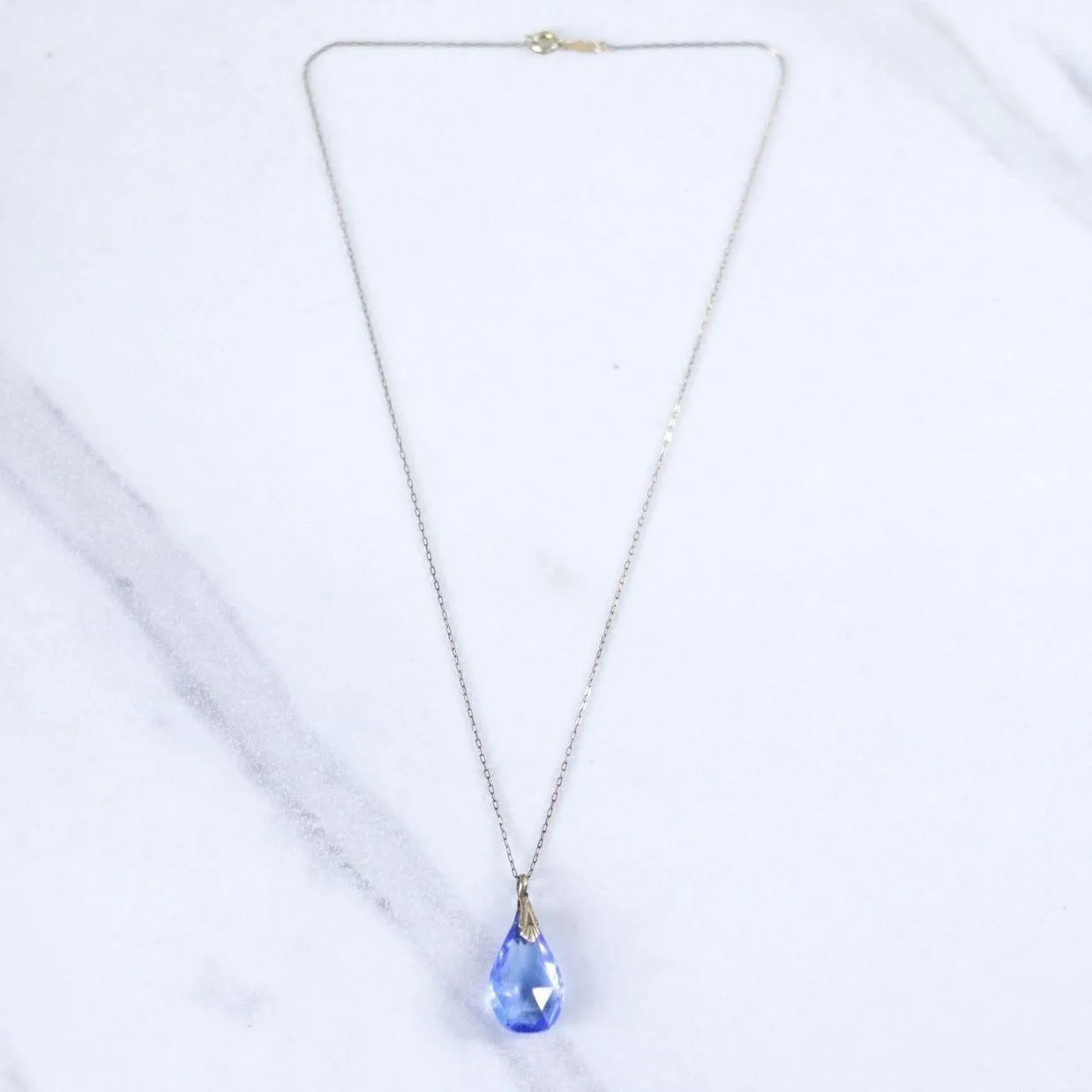 Vintage Art Deco Era Gold Filled Blue Crystal Pendant Necklace