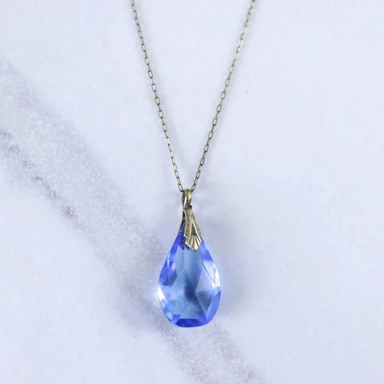 Vintage Art Deco Era Gold Filled Blue Crystal Pendant Necklace