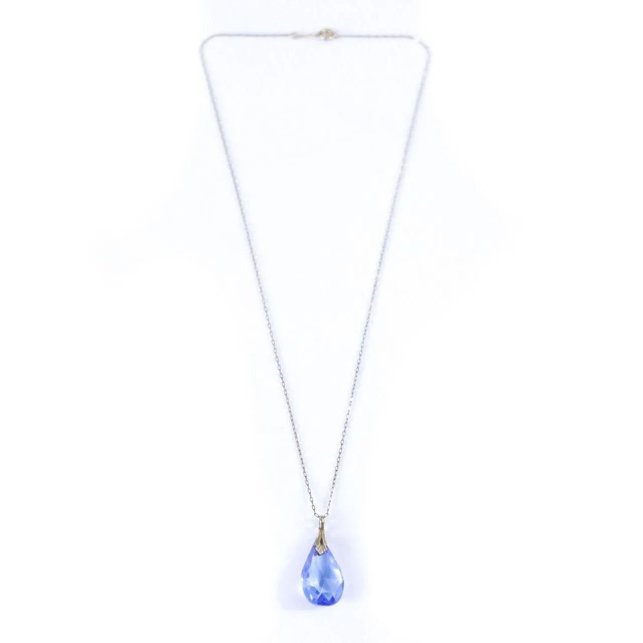 Vintage Art Deco Era Gold Filled Blue Crystal Pendant Necklace