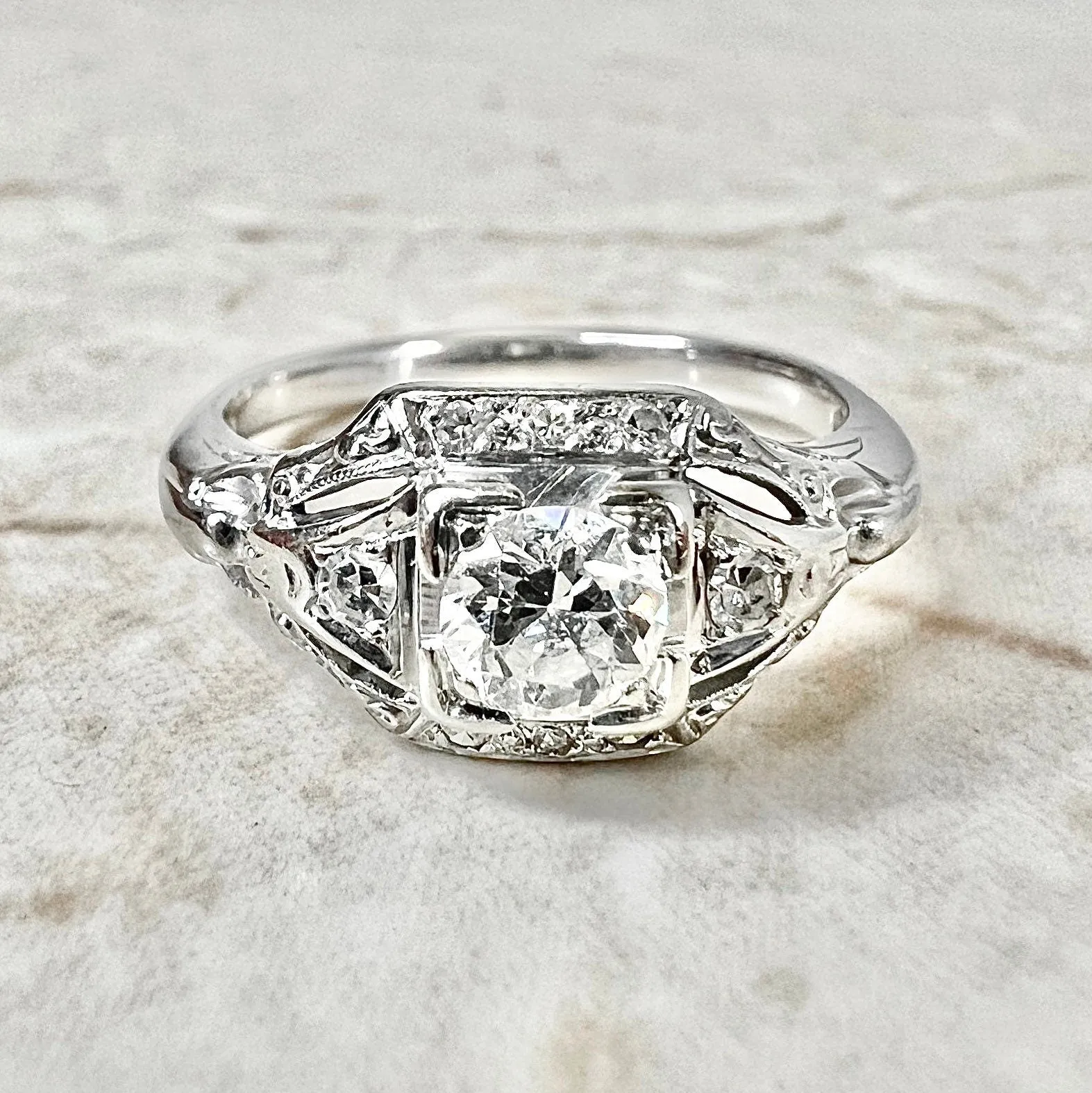 Vintage Art Deco Handcrafted 18 Karat White Gold 0.50 Carat Old European Diamond Solitaire Engagement Ring