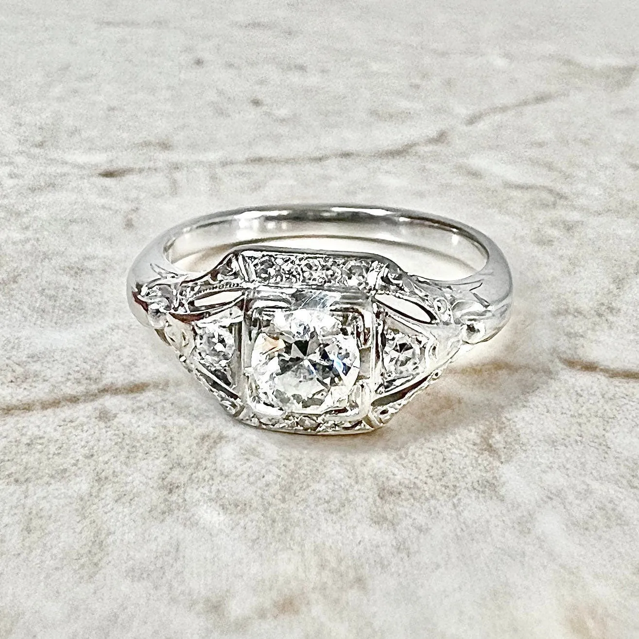 Vintage Art Deco Handcrafted 18 Karat White Gold 0.50 Carat Old European Diamond Solitaire Engagement Ring