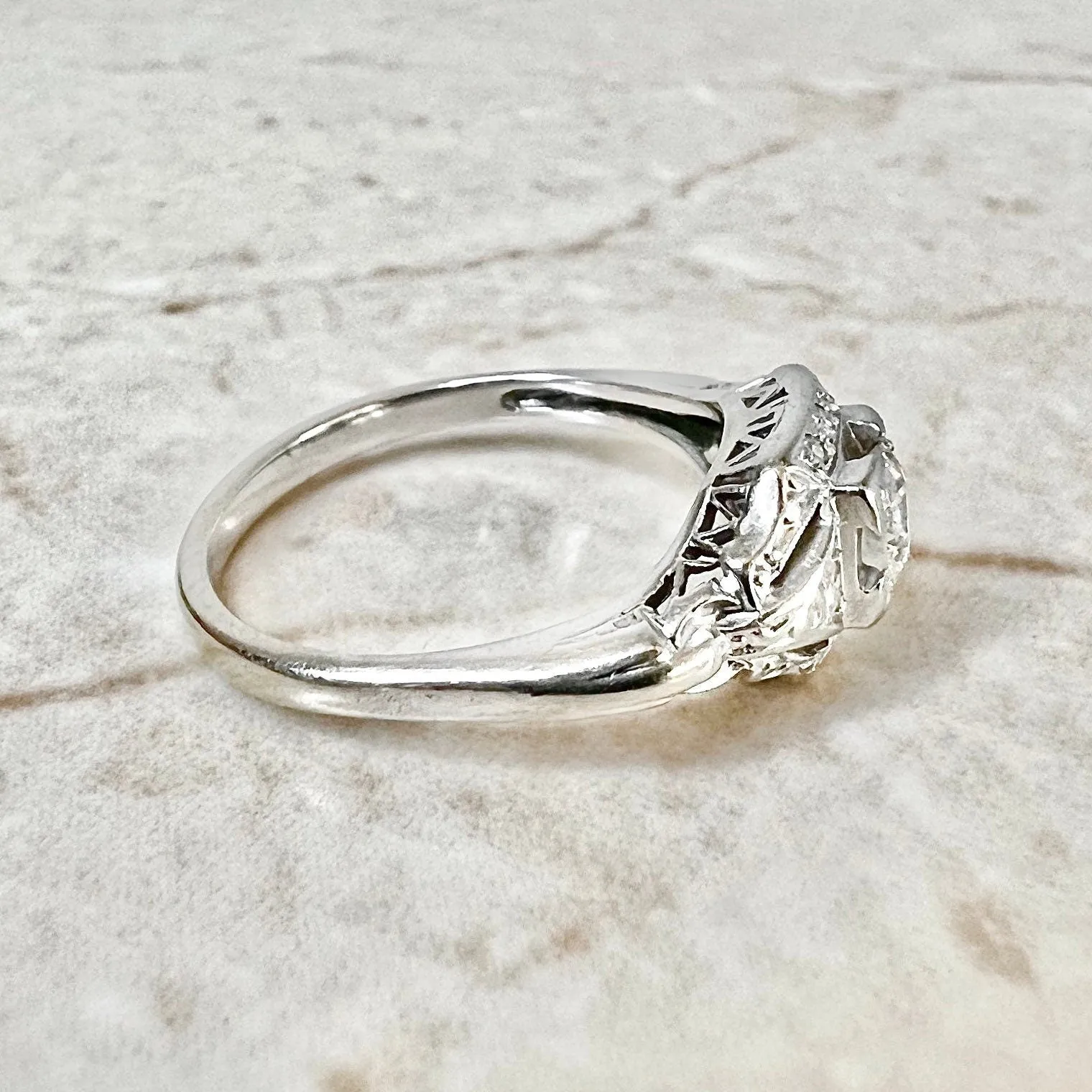 Vintage Art Deco Handcrafted 18 Karat White Gold 0.50 Carat Old European Diamond Solitaire Engagement Ring