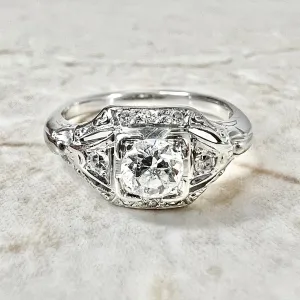 Vintage Art Deco Handcrafted 18 Karat White Gold 0.50 Carat Old European Diamond Solitaire Engagement Ring