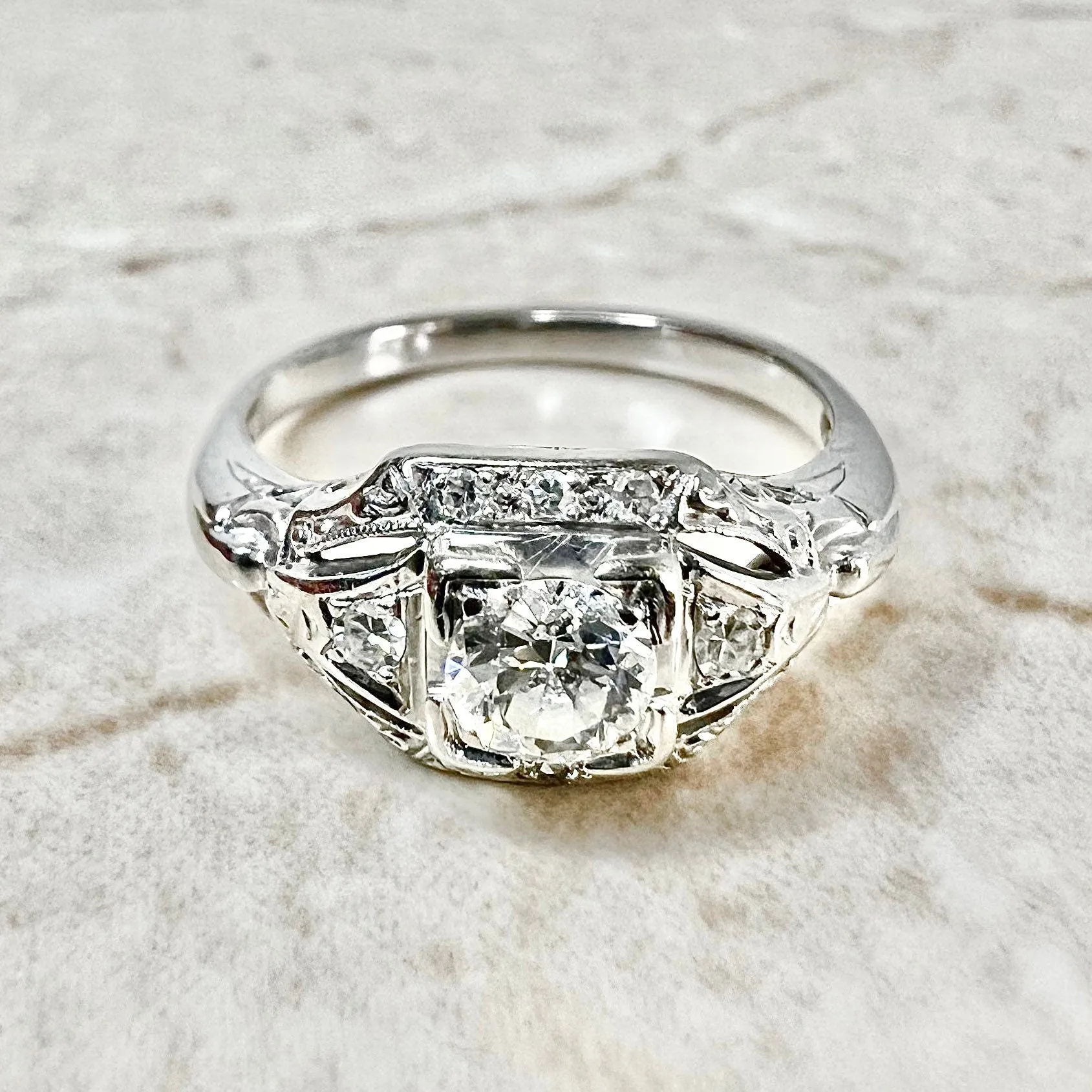 Vintage Art Deco Handcrafted 18 Karat White Gold 0.50 Carat Old European Diamond Solitaire Engagement Ring