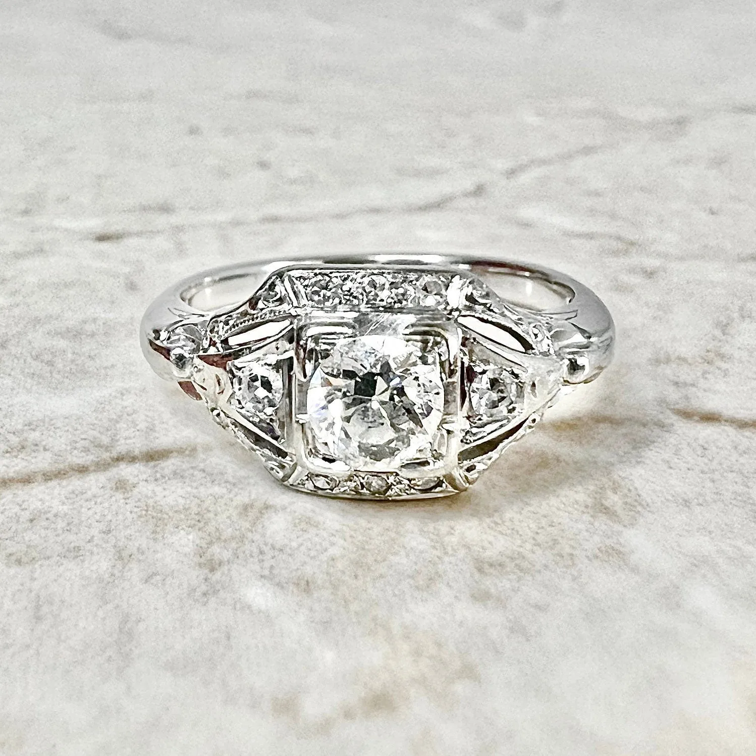 Vintage Art Deco Handcrafted 18 Karat White Gold 0.50 Carat Old European Diamond Solitaire Engagement Ring
