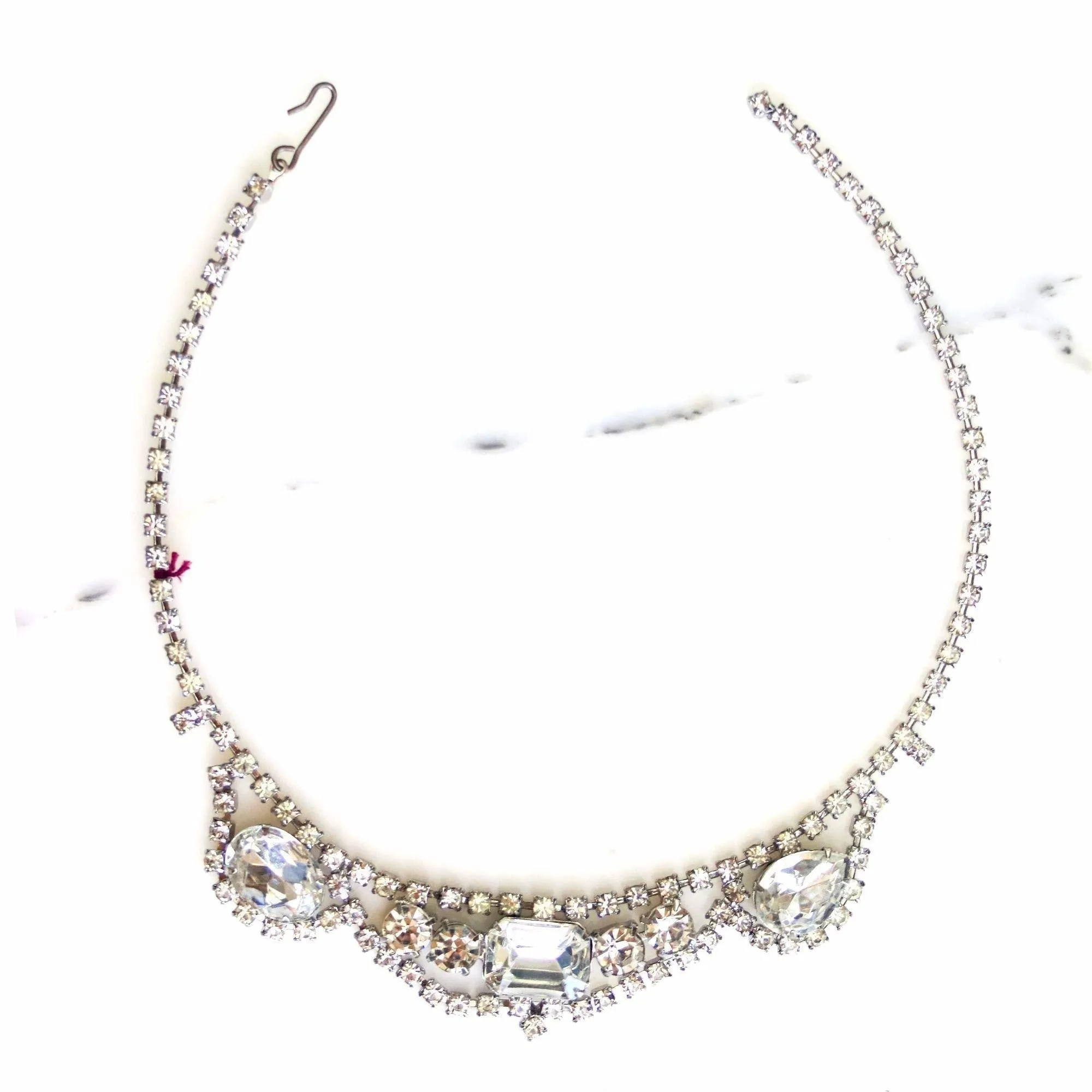 Vintage Art Deco Rhinestone Necklace with Emerald, Pear, and Oval Rhinestones