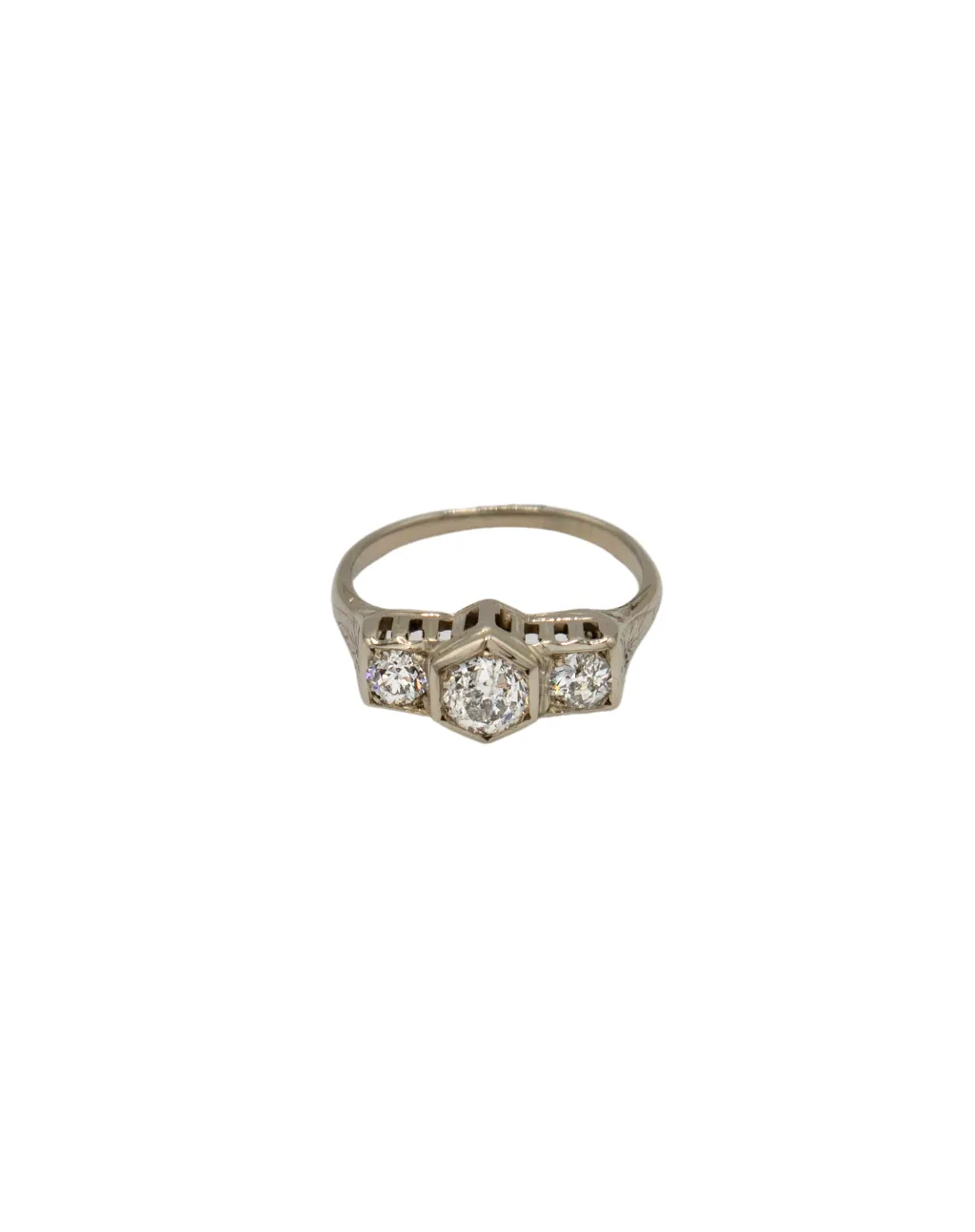 Vintage Art Deco Ring Three Stone Ring with Diamonds