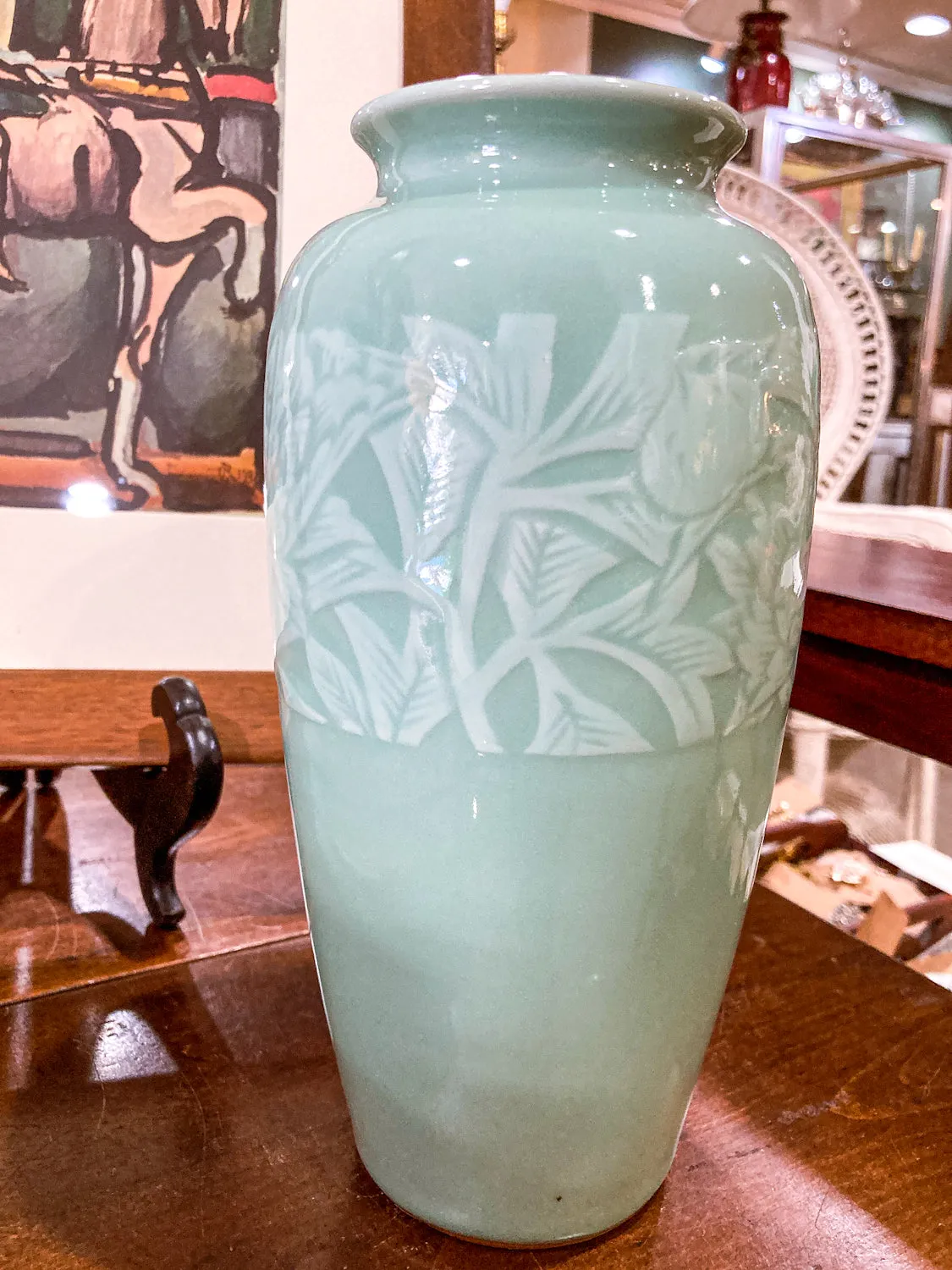 Vintage Art Deco Style Celadon Glaze Foliate Banded Tall Korean Ceramic Vase