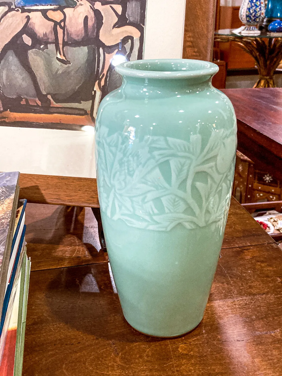 Vintage Art Deco Style Celadon Glaze Foliate Banded Tall Korean Ceramic Vase