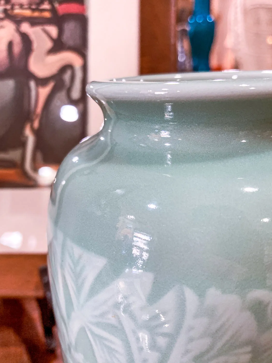 Vintage Art Deco Style Celadon Glaze Foliate Banded Tall Korean Ceramic Vase