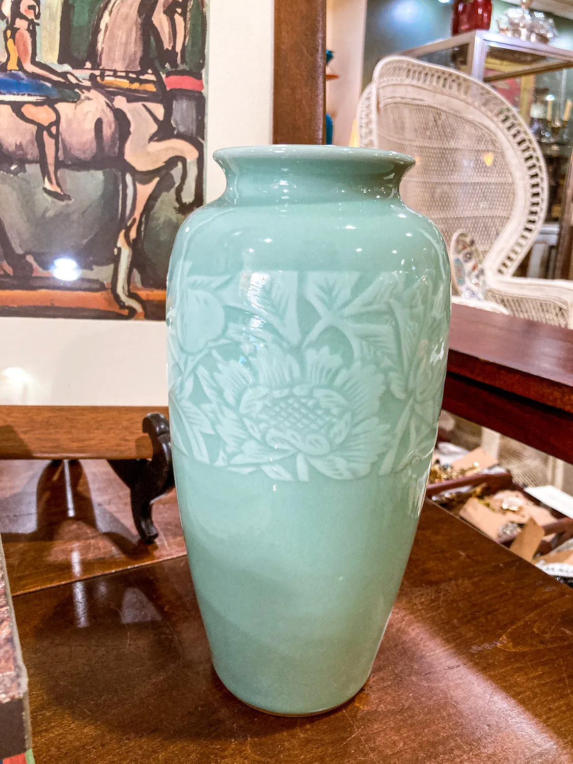 Vintage Art Deco Style Celadon Glaze Foliate Banded Tall Korean Ceramic Vase