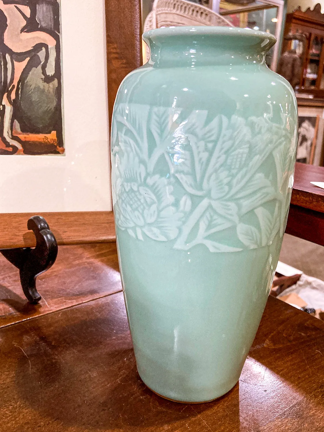 Vintage Art Deco Style Celadon Glaze Foliate Banded Tall Korean Ceramic Vase