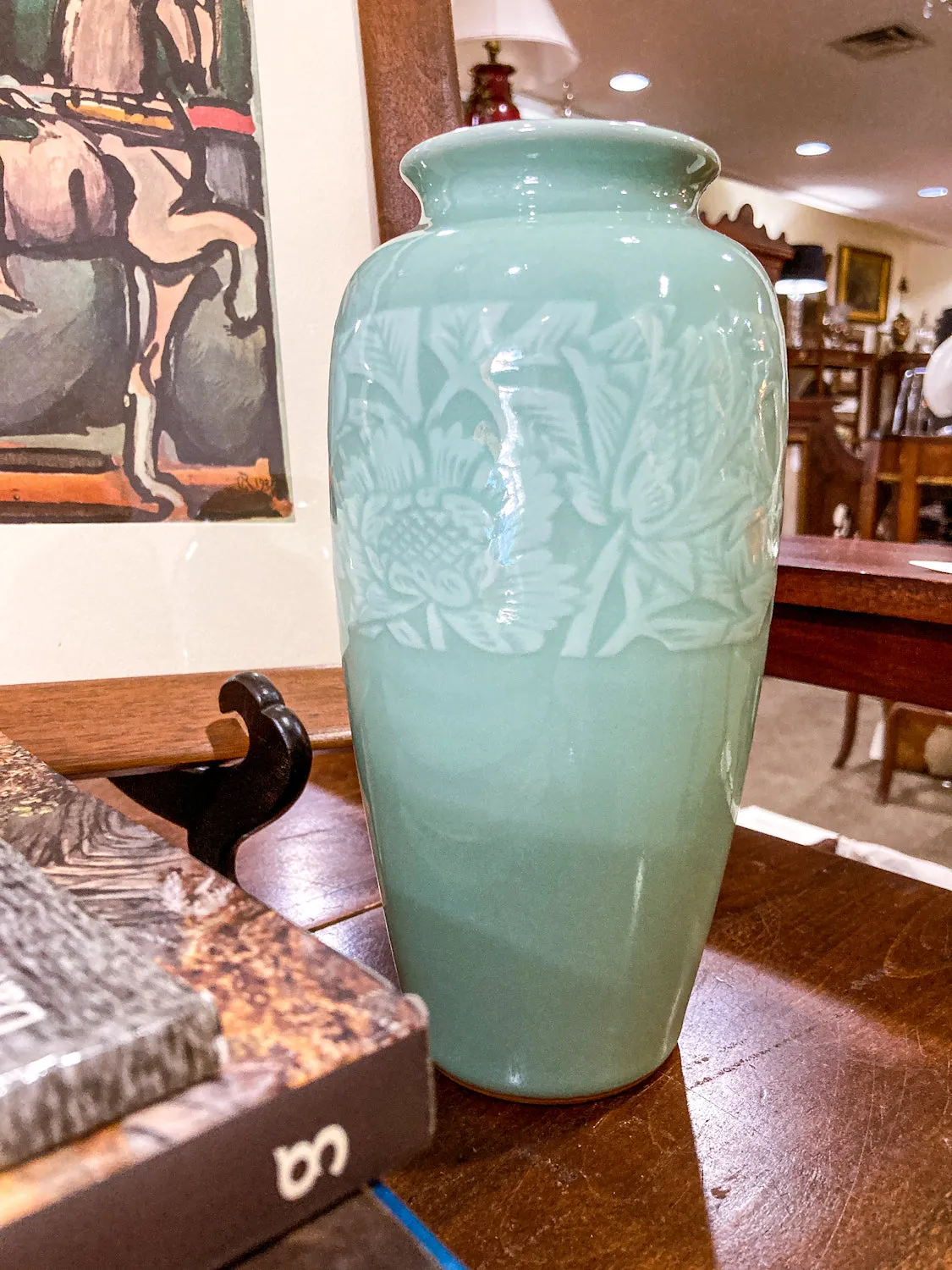 Vintage Art Deco Style Celadon Glaze Foliate Banded Tall Korean Ceramic Vase