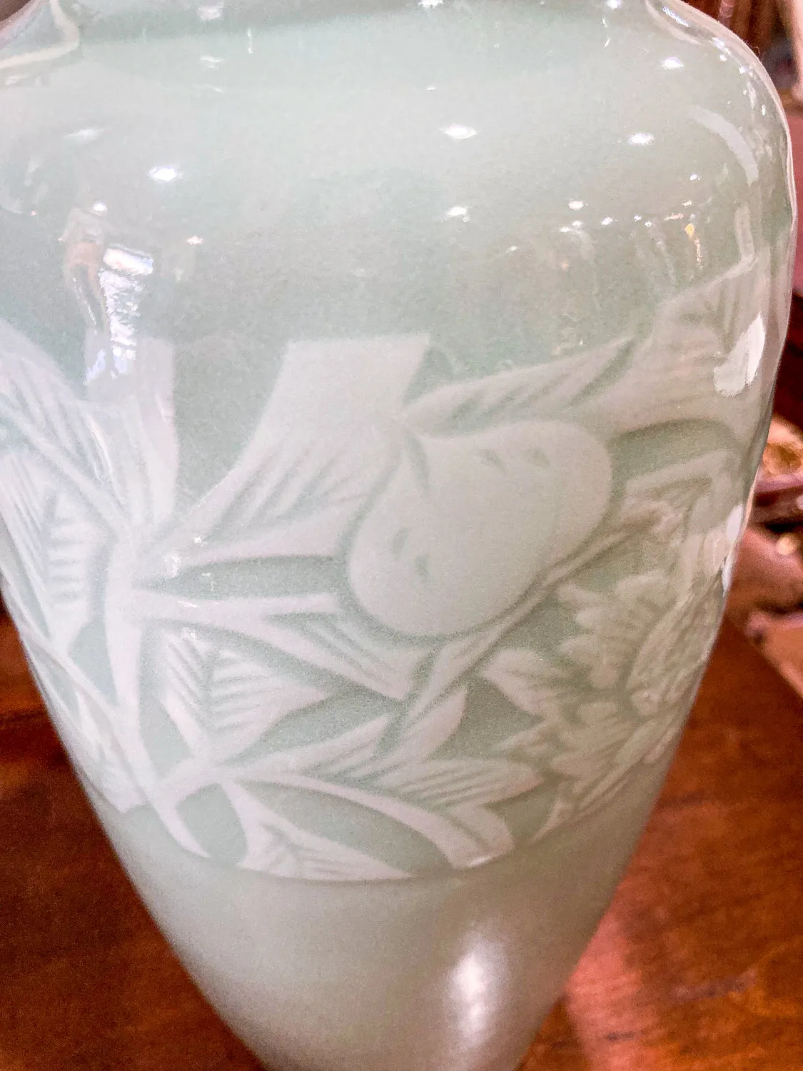 Vintage Art Deco Style Celadon Glaze Foliate Banded Tall Korean Ceramic Vase