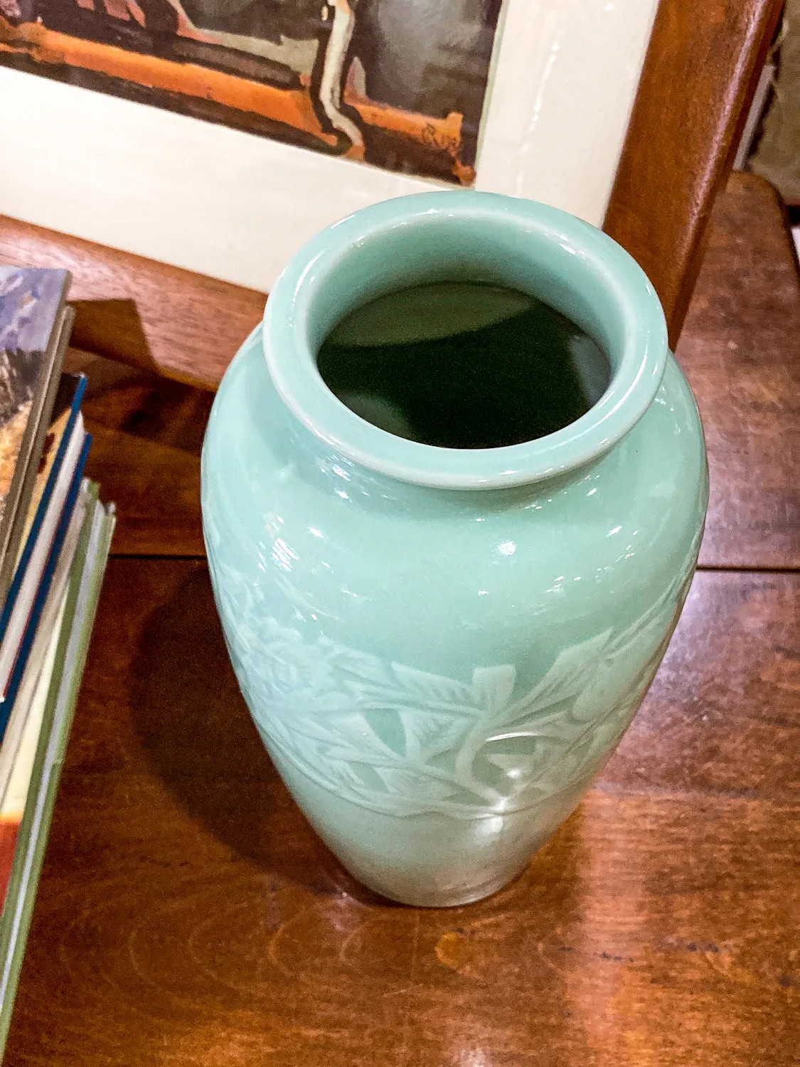 Vintage Art Deco Style Celadon Glaze Foliate Banded Tall Korean Ceramic Vase