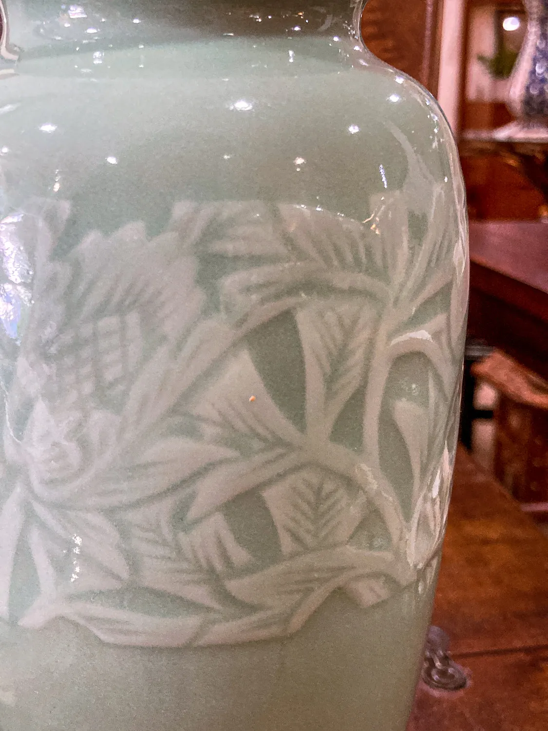 Vintage Art Deco Style Celadon Glaze Foliate Banded Tall Korean Ceramic Vase