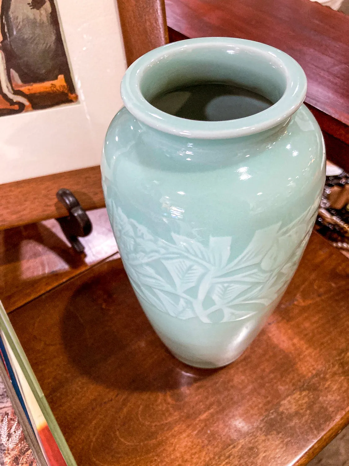 Vintage Art Deco Style Celadon Glaze Foliate Banded Tall Korean Ceramic Vase