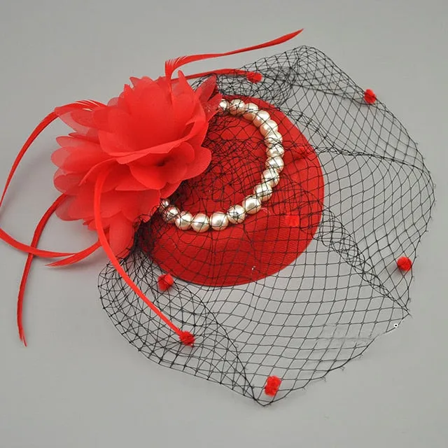 Vintage Birdcage Net Bridal Hats With Feather Pearl  Fascinator With Face Veil Accessory