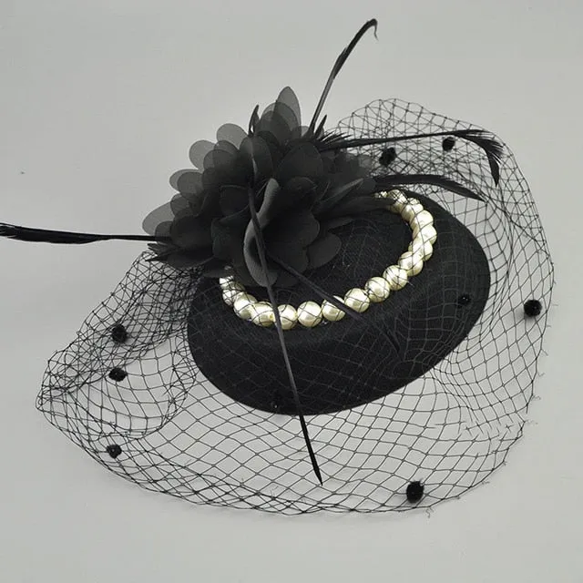 Vintage Birdcage Net Bridal Hats With Feather Pearl  Fascinator With Face Veil Accessory