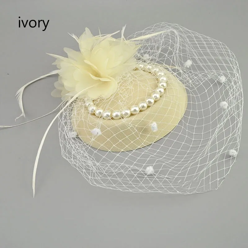 Vintage Birdcage Net Bridal Hats With Feather Pearl  Fascinator With Face Veil Accessory