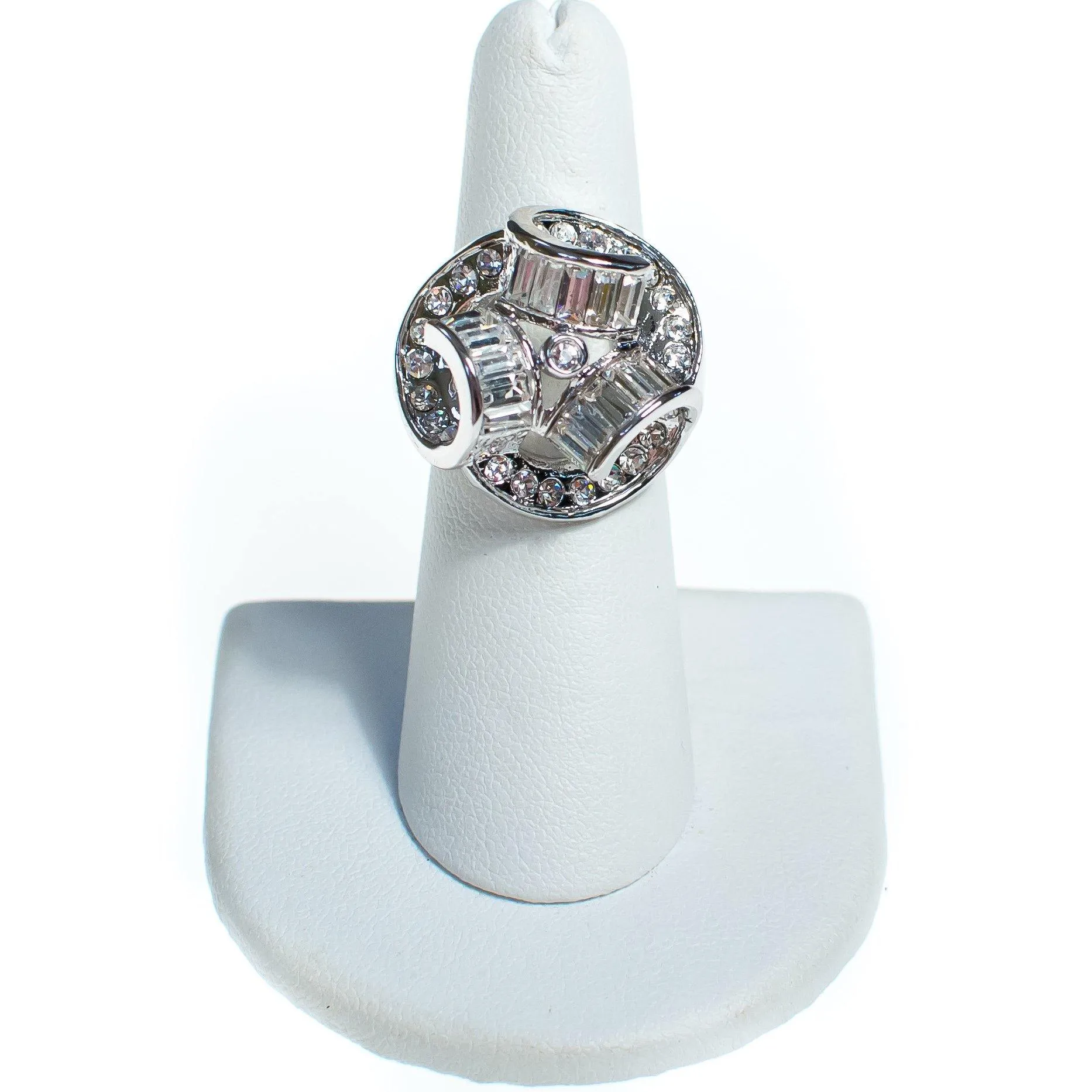 Vintage Crystal and Rhinestone Deco Inspired Statement Ring, Diamante Crystals, Silver Tone Setting, Ring Size 6