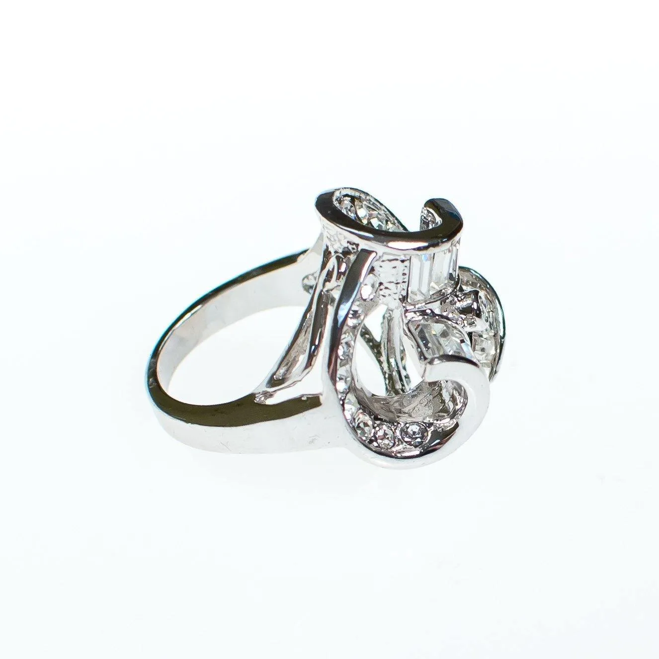 Vintage Crystal and Rhinestone Deco Inspired Statement Ring, Diamante Crystals, Silver Tone Setting, Ring Size 6