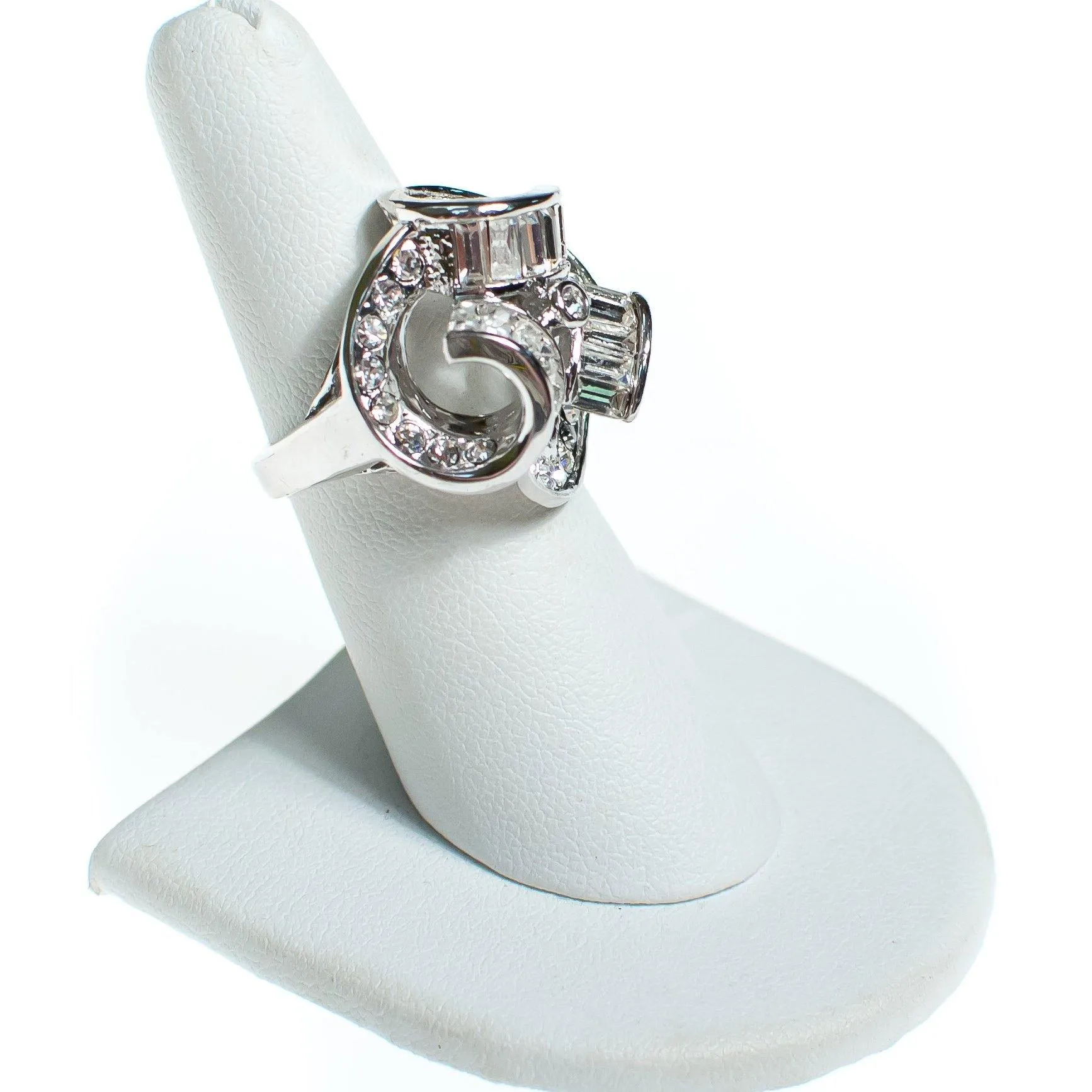 Vintage Crystal and Rhinestone Deco Inspired Statement Ring, Diamante Crystals, Silver Tone Setting, Ring Size 6