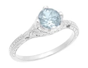 Vintage Engraved Flowers Art Deco Filigree Sky Blue Topaz Promise Ring in Sterling Silver