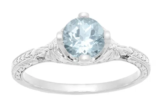 Vintage Engraved Flowers Art Deco Filigree Sky Blue Topaz Promise Ring in Sterling Silver