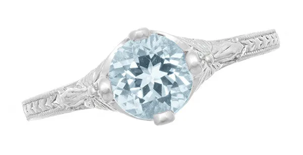 Vintage Engraved Flowers Art Deco Filigree Sky Blue Topaz Promise Ring in Sterling Silver