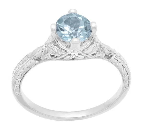 Vintage Engraved Flowers Art Deco Filigree Sky Blue Topaz Promise Ring in Sterling Silver