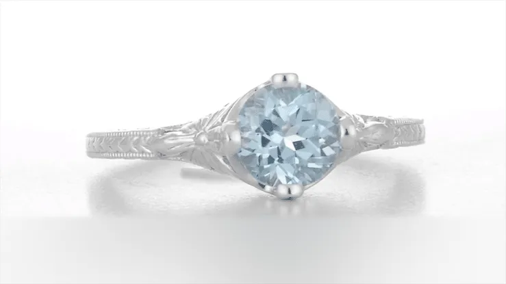 Vintage Engraved Flowers Art Deco Filigree Sky Blue Topaz Promise Ring in Sterling Silver